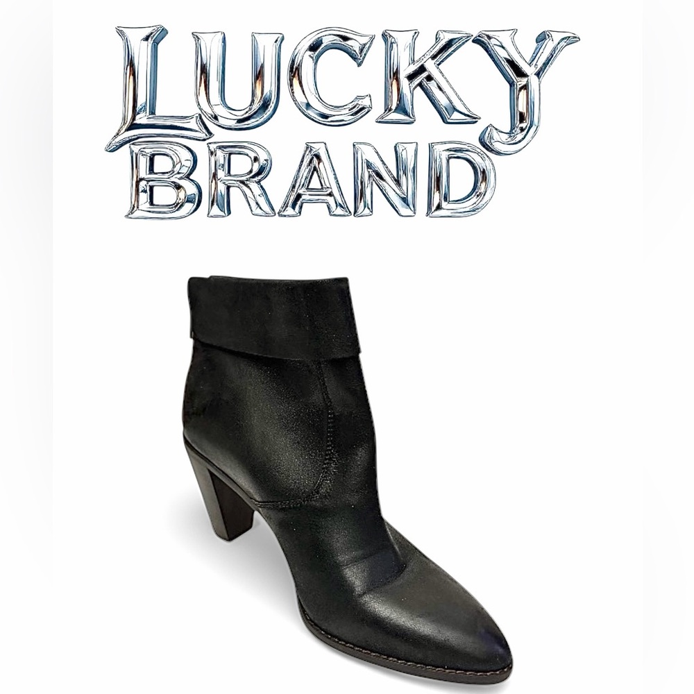 Lucky Brand NYCOTT Black Leather Booties Women’s Size 9.5M – Back Zip Heel Boots
